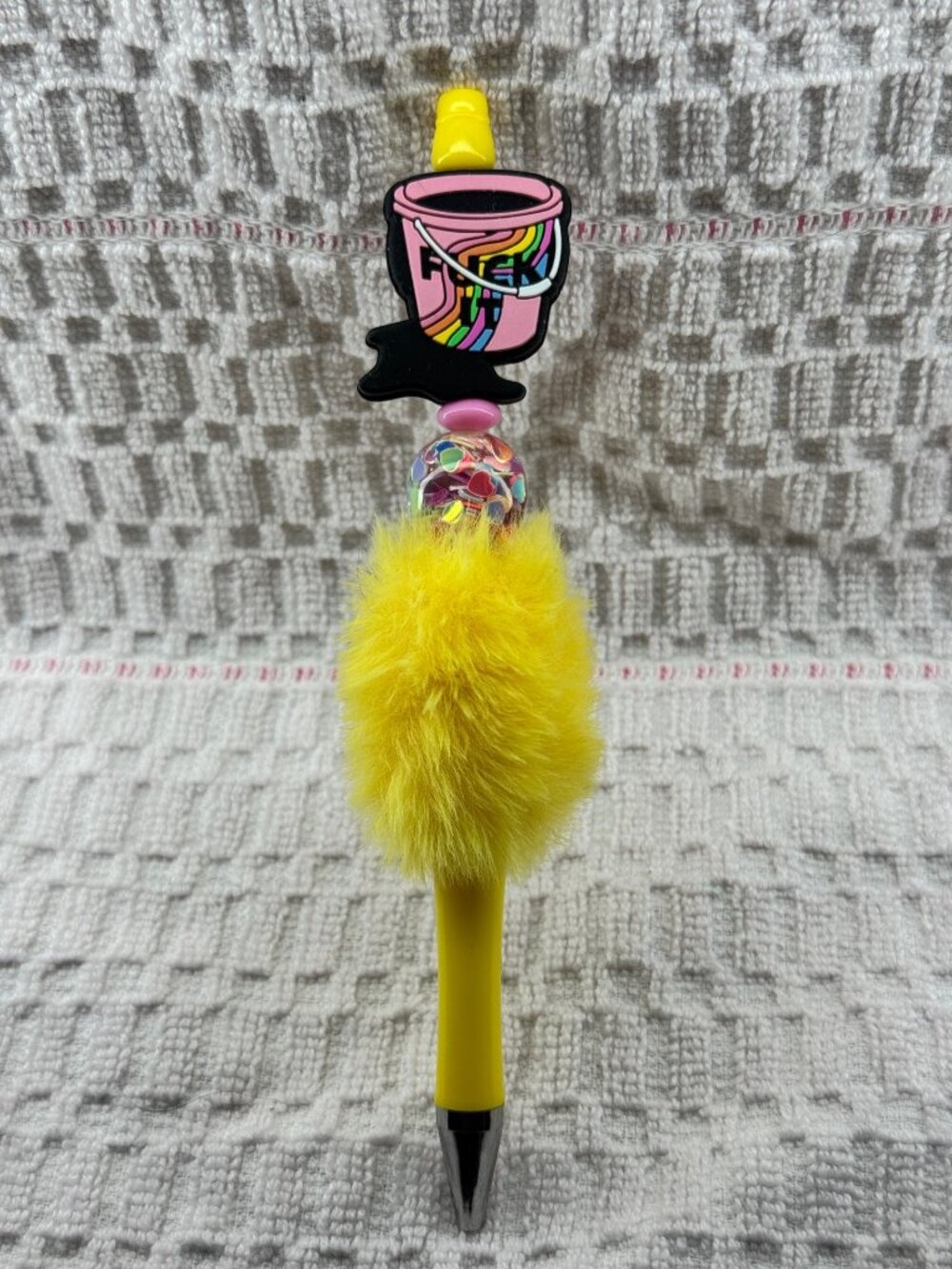 Fuzzy Yellow Handmade Beaded Pen F* It Buck it Black Ink Pen. with Black Ink + 1